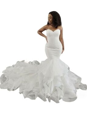 Strapless White Mermaid Gown with Dramatic Ruffled Train